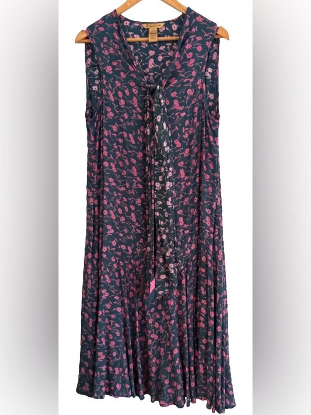 April Cornell VTG gry & pnk flrl slvlss ft n flr maxi drss w tie SZ XL feminine